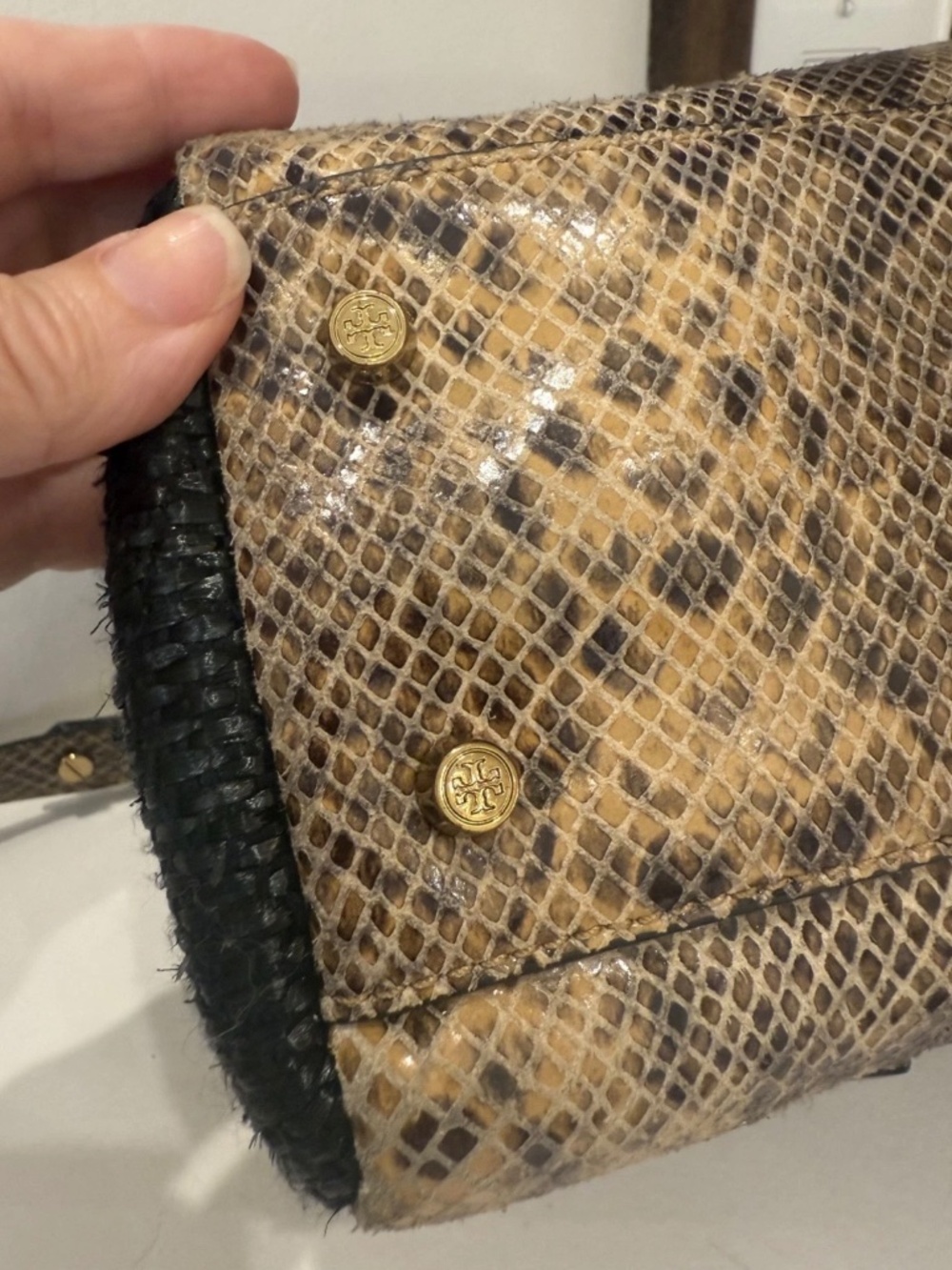 Tory Burch Black Woven and Snake-Print Brown Top Handle Shoulder Bag - Picture 13 of 16